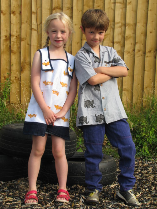 Yellow bird dress, elephant organic shirt and blueberry Jumpin' Jeans