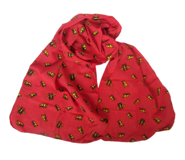 bees on red coiled Red Bee Scarf from Where Does It Come From? wheredoesitcomefrom.co.uk